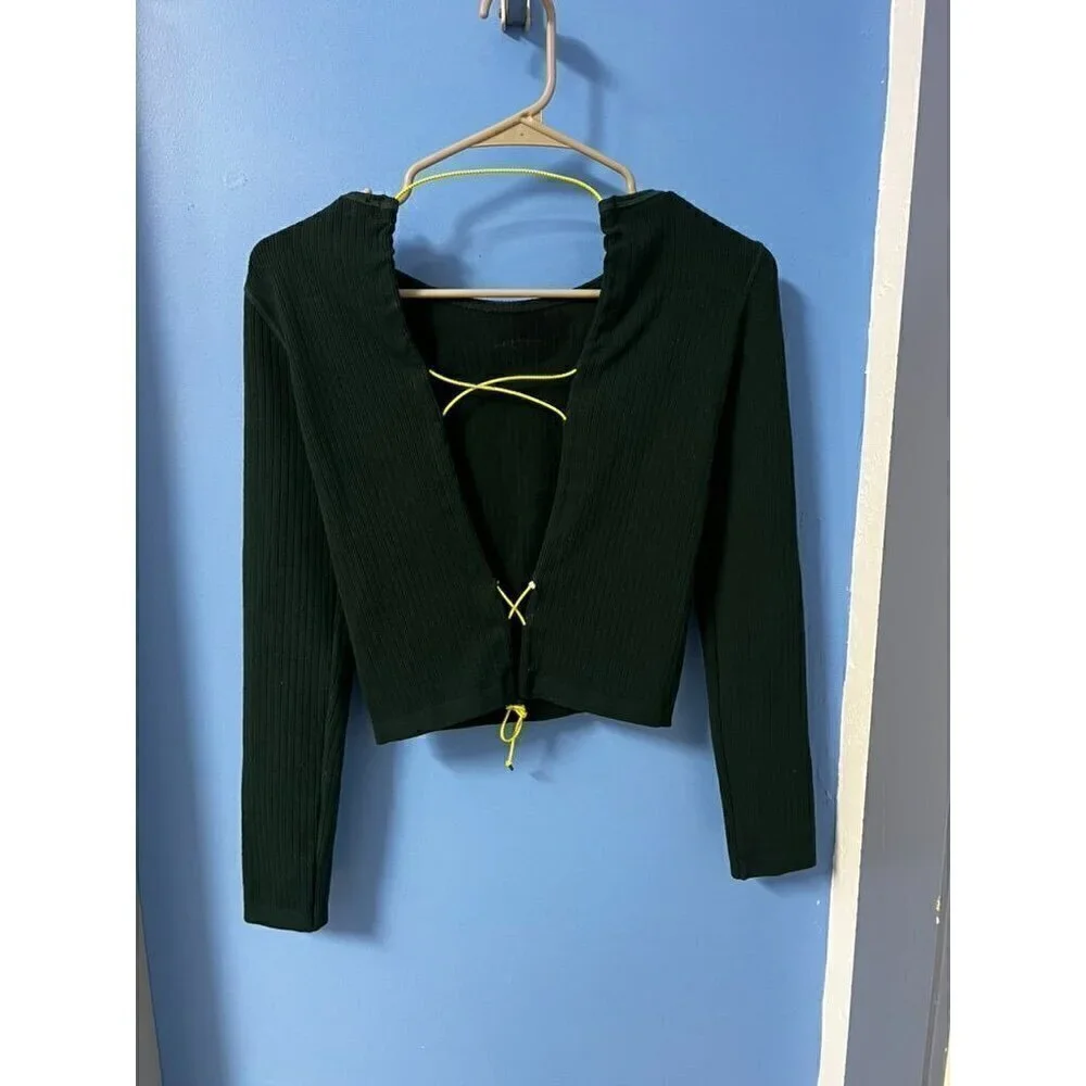 Zara Dark Green Long-Sleeve Ribbed Knit Crop Top, Open Back, Tie Detail, Gorpcor